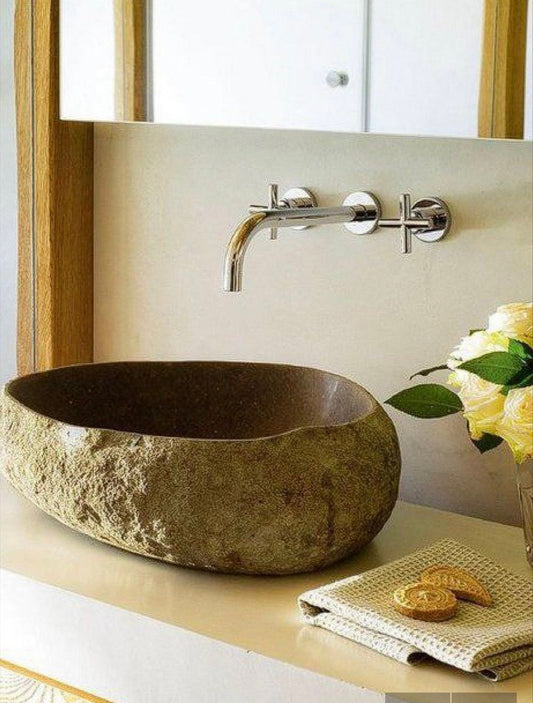 Wabi Sabi River Stone Sink - Handcrafted Japandi Natura Vessel Organic Modern Bathroom Washbasin