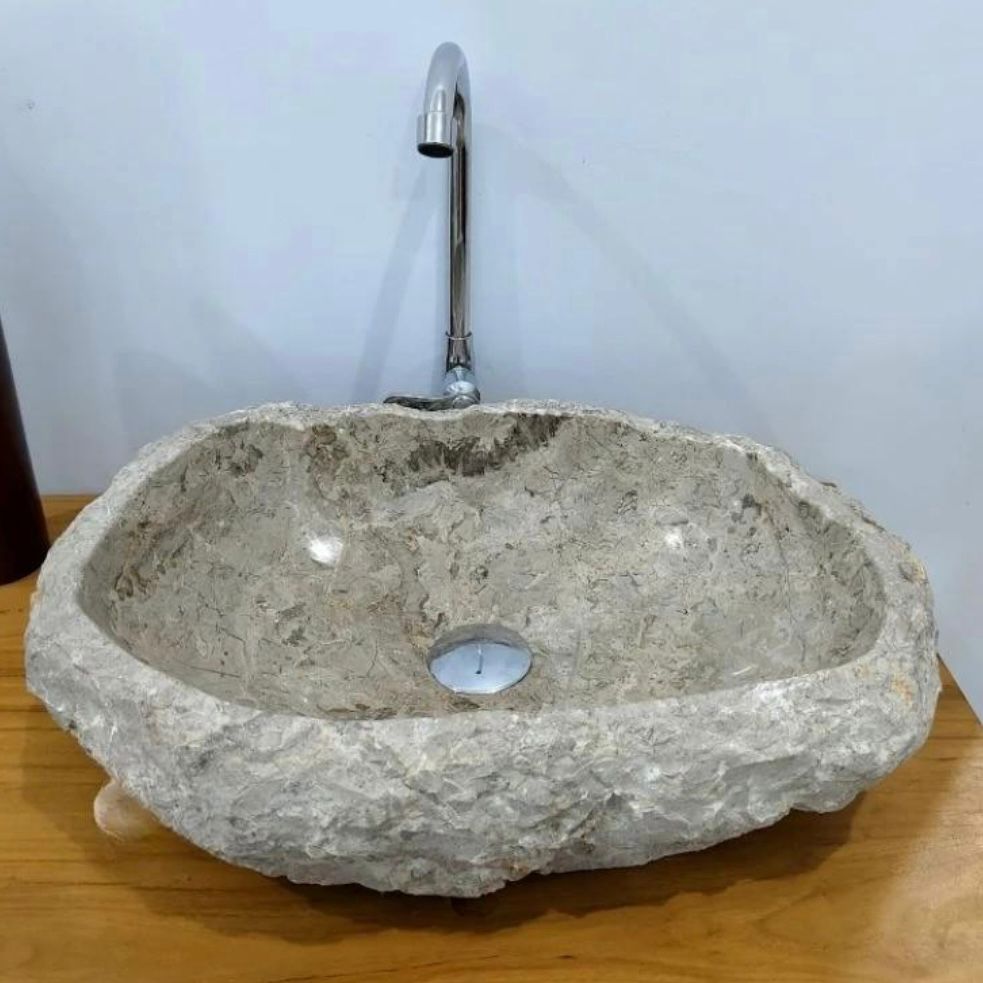 Handmade Beige Marble Vessel Sink – Natural Stone Bathroom Basin