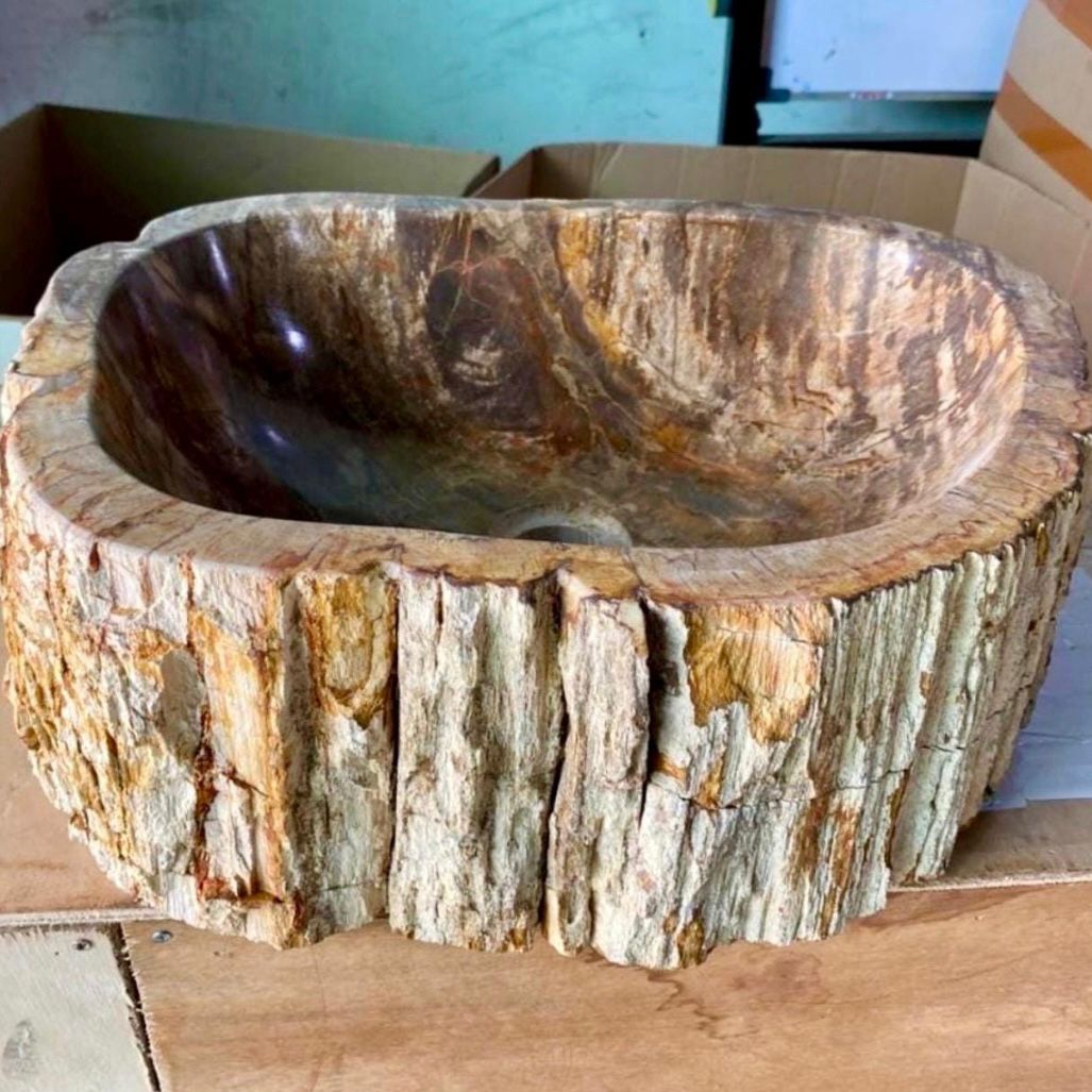 Petrified Wood Stone Sink - Natural Fossil Bathroom Vessel Basin | Rustic Vanity Bowl | Travertine Sink