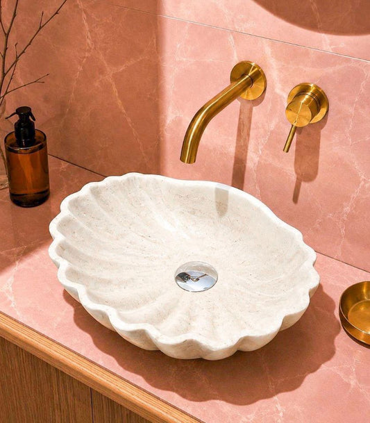 Handcrafted Shell-Shaped Real Marble Vessel Sink - Elegant Bathroom Vanity Basin