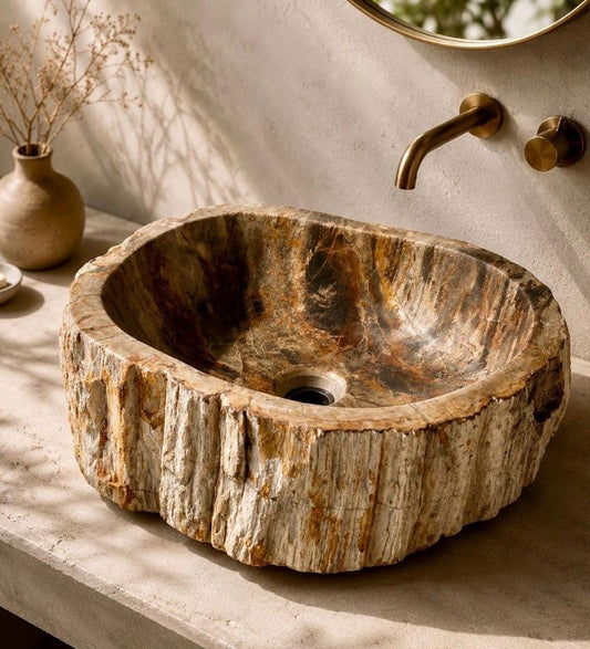 Petrified Wood Stone Sink - Natural Fossil Bathroom Vessel Basin | Rustic Vanity Bowl | Travertine Sink