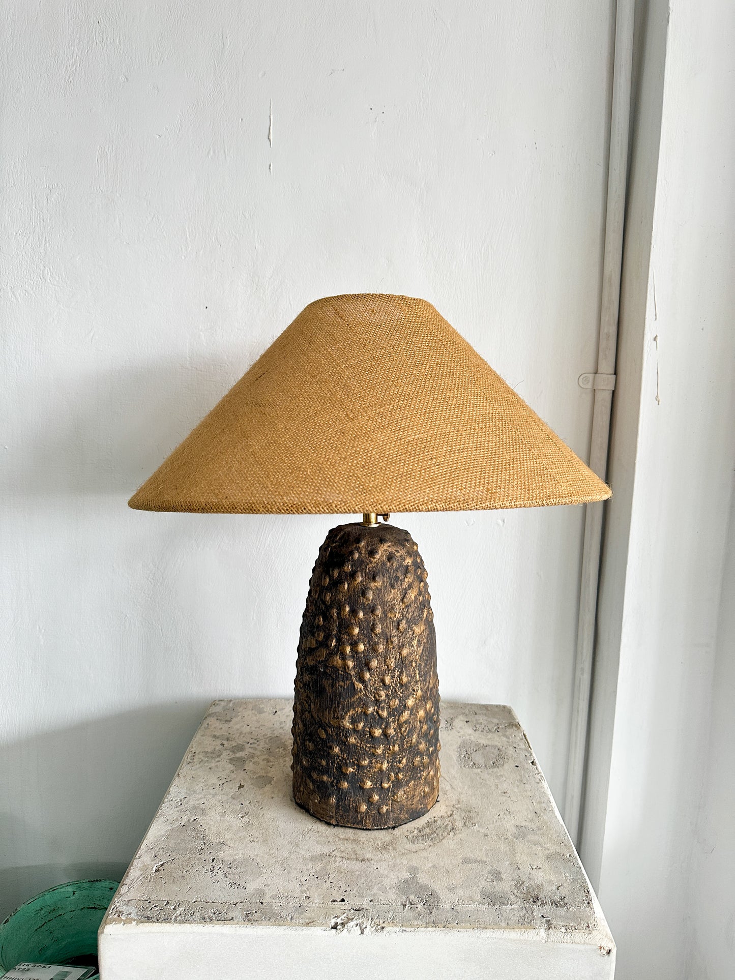 Wabi Sabi Terracotta Style Table Lamp | Earthenware Japandi Bedside Lamps for Living Room & Bedroom with Linen Lampshade