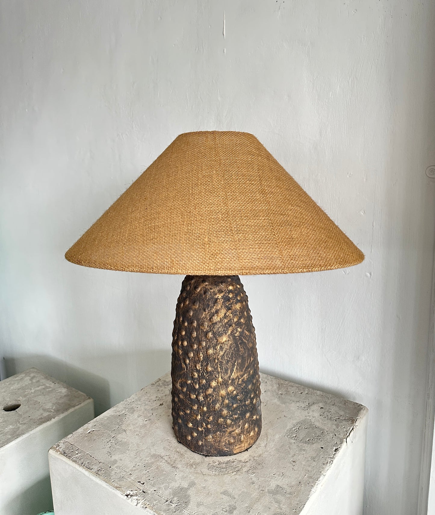 Wabi Sabi Terracotta Style Table Lamp | Earthenware Japandi Bedside Lamps for Living Room & Bedroom with Linen Lampshade