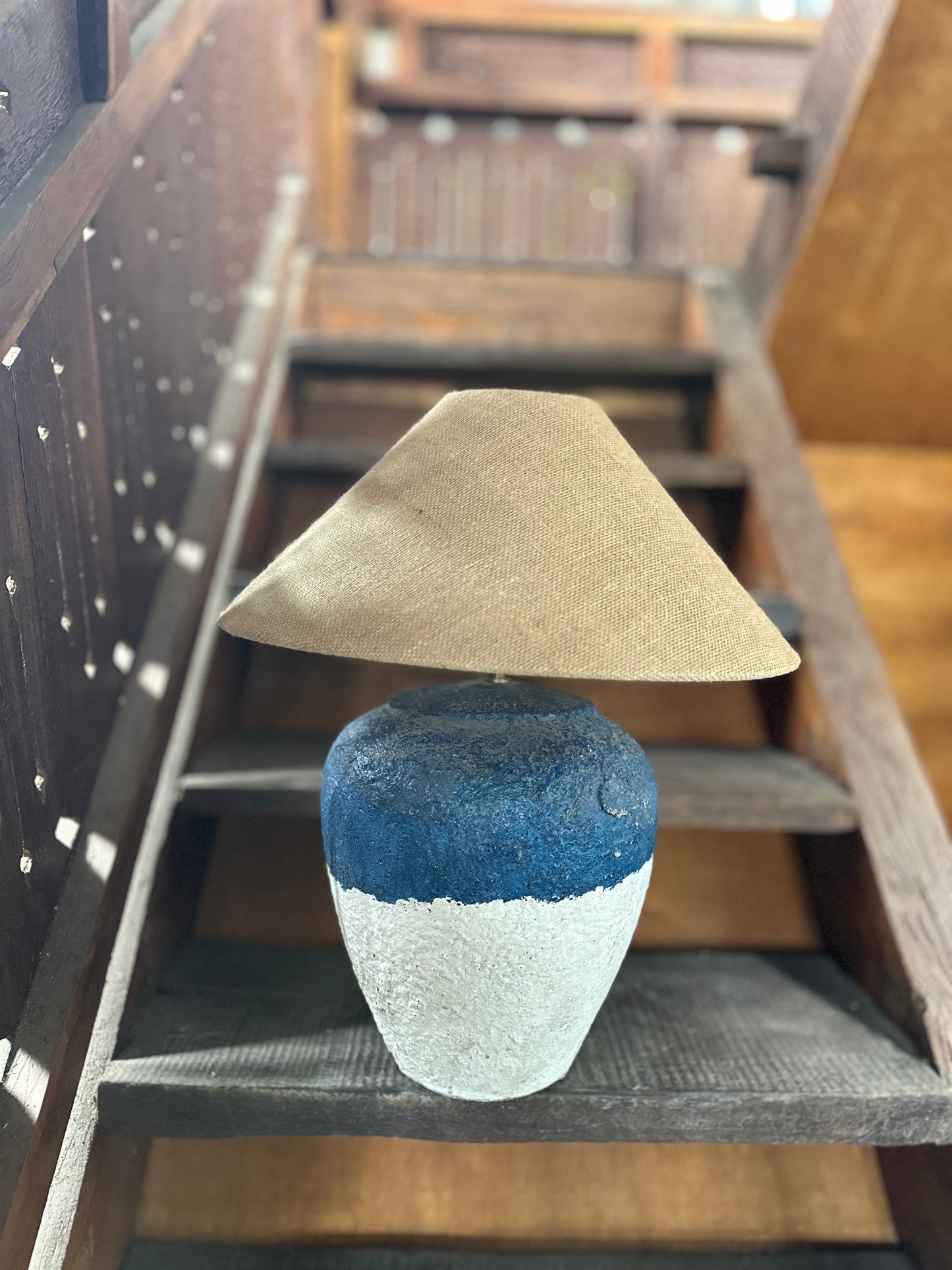 Large Blue/White Nautical Terracotta Style Table Lamp | Coastal Earthenware Desk Light | Japandi Wabi Sabi Inspired Light Shade