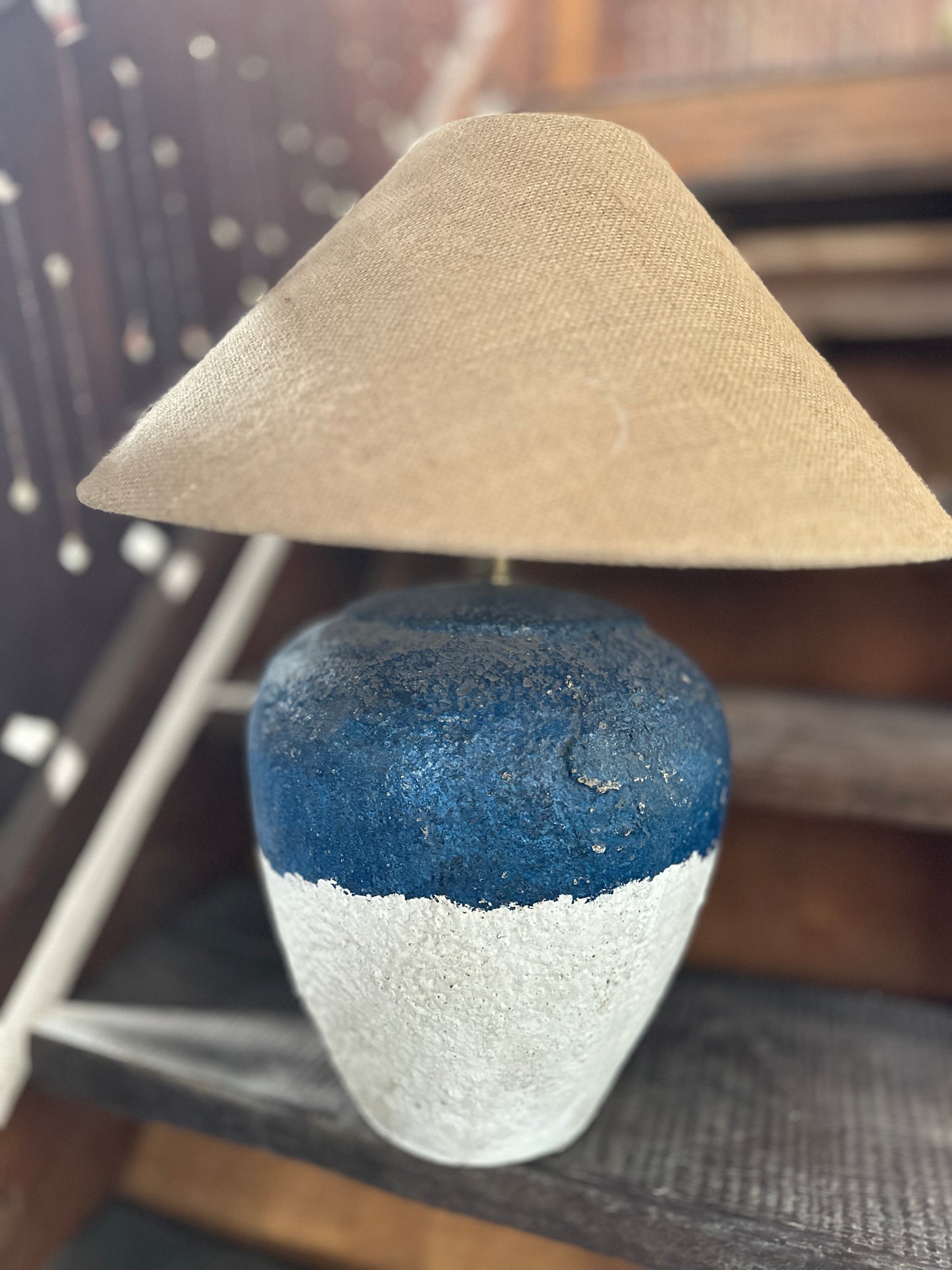 Large Blue/White Nautical Terracotta Style Table Lamp | Coastal Earthenware Desk Light | Japandi Wabi Sabi Inspired Light Shade