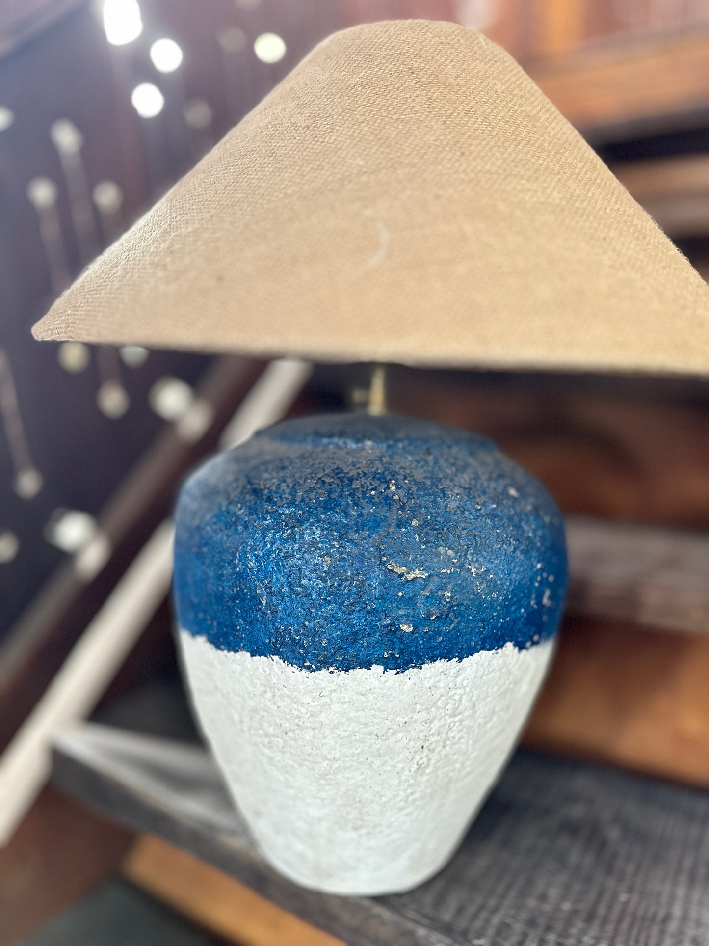 Large Blue/White Nautical Terracotta Style Table Lamp | Coastal Earthenware Desk Light | Japandi Wabi Sabi Inspired Light Shade