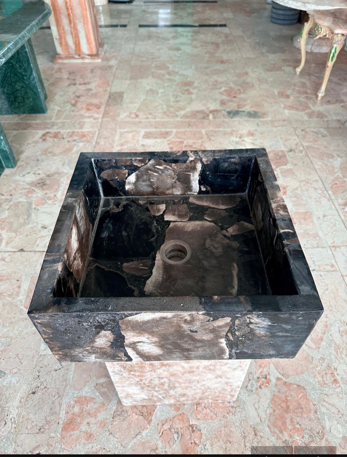 Petrified Wood Sink | Handcrafted Fossilized Wood Washbasin in Black and Beige | Natural Fossil Bathroom Vessel Basin